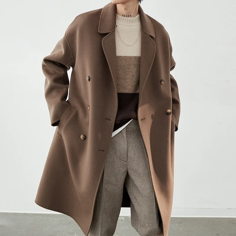 Herren Lang geschnittener Doppelreiher-Wollmixmantel mit Oversize-Passform Nord Taschen