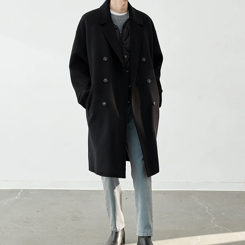 Herren Lang geschnittener Doppelreiher-Wollmixmantel mit Oversize-Passform Nord Taschen