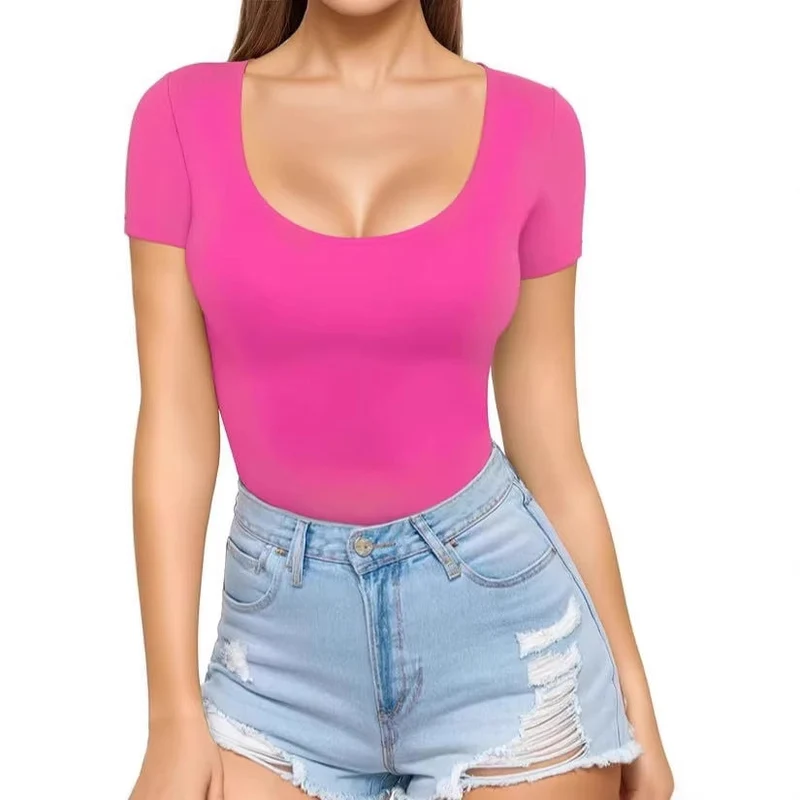 Damen figurbetontes Kurzarm-Body mit rundem Ausschnitt und nahtlosem Design