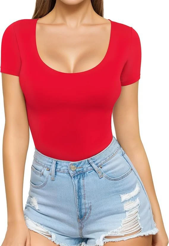 Damen figurbetontes Kurzarm-Body mit rundem Ausschnitt und nahtlosem Design