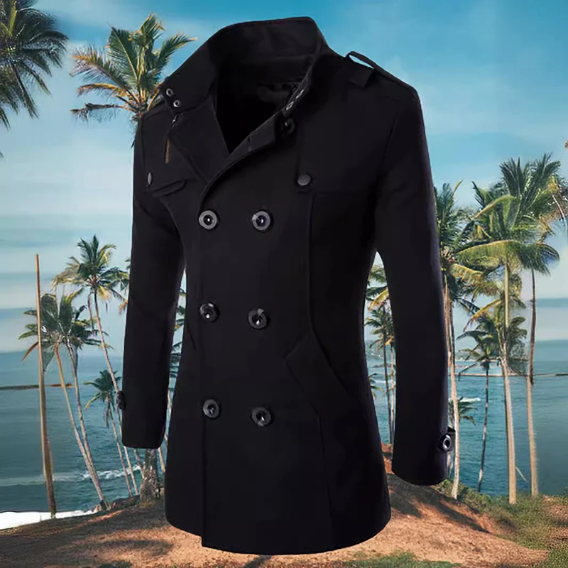 Herren Doppelreihiger Cabanmantel mit Stehkragen, Schulterklappen und taillierter Silhouette Nord Taschen