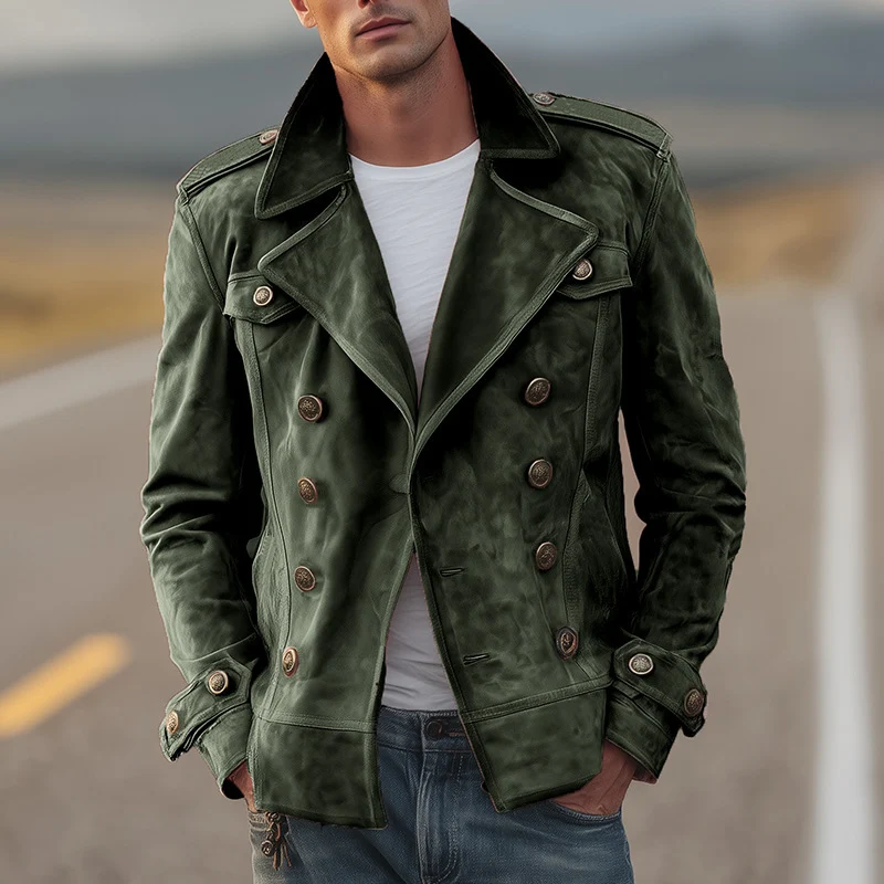 Herren Doppelreihige Wildlederjacke im Aviator‑Stil mit Epauletten Nord Taschen
