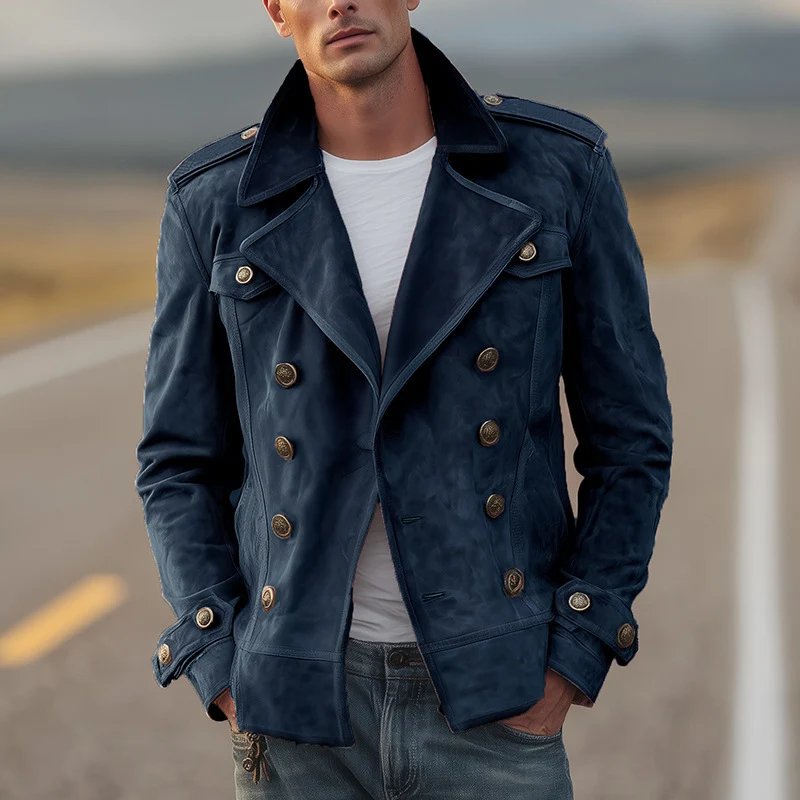 Herren Doppelreihige Wildlederjacke im Aviator‑Stil mit Epauletten Nord Taschen