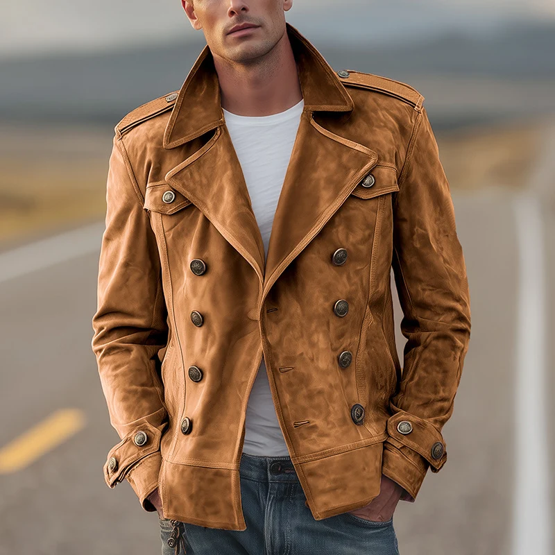 Herren Doppelreihige Wildlederjacke im Aviator‑Stil mit Epauletten Nord Taschen
