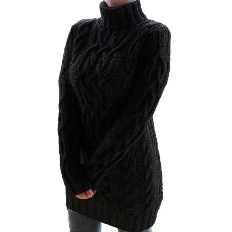 Damen Oversized Strickkleid mit markantem Zopfmuster und Rollkragen Nord Taschen