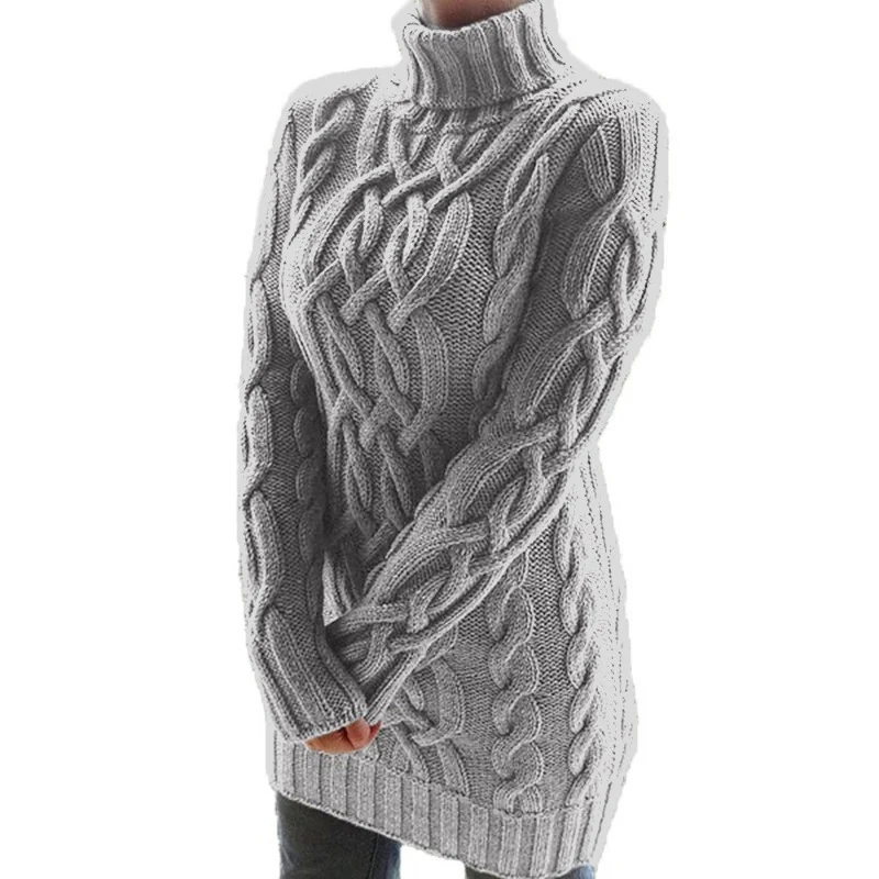 Damen Oversized Strickkleid mit markantem Zopfmuster und Rollkragen Nord Taschen