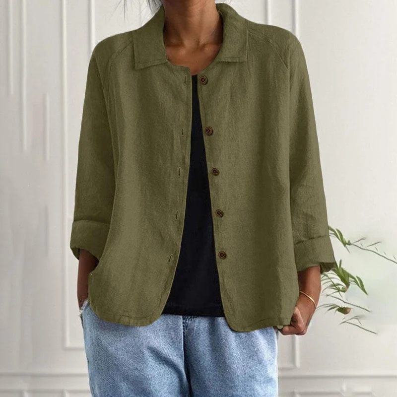 Damen Oversized Leinen-Hemdjacke mit Hemdkragen, 3/4-Ärmeln und durchgehender Knopfleiste Nord Taschen