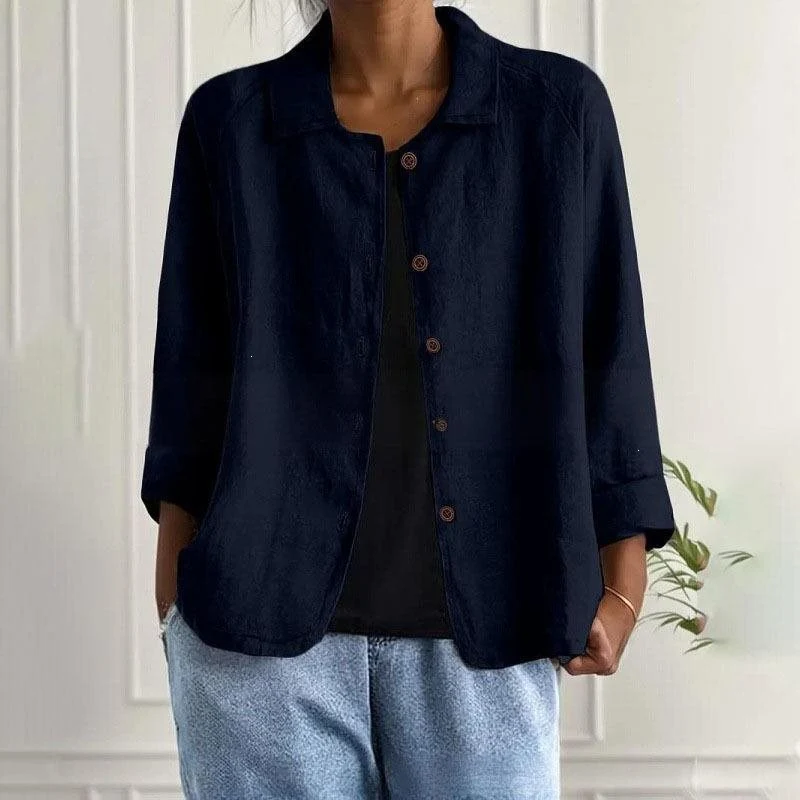 Damen Oversized Leinen-Hemdjacke mit Hemdkragen, 3/4-Ärmeln und durchgehender Knopfleiste Nord Taschen