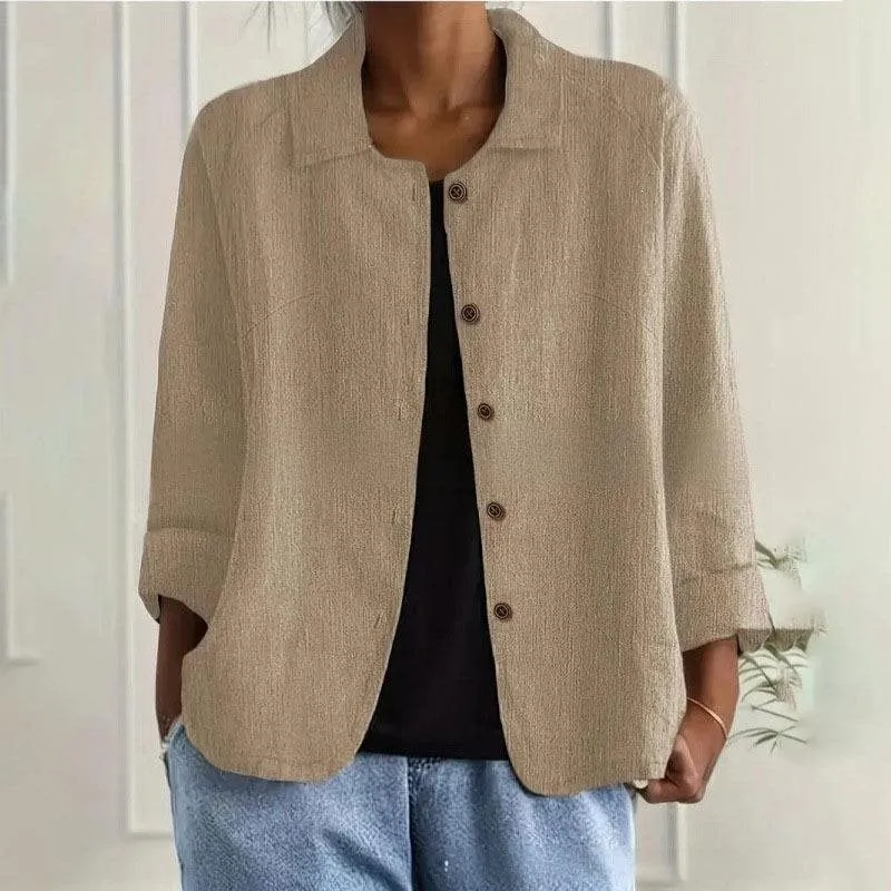 Damen Oversized Leinen-Hemdjacke mit Hemdkragen, 3/4-Ärmeln und durchgehender Knopfleiste Nord Taschen