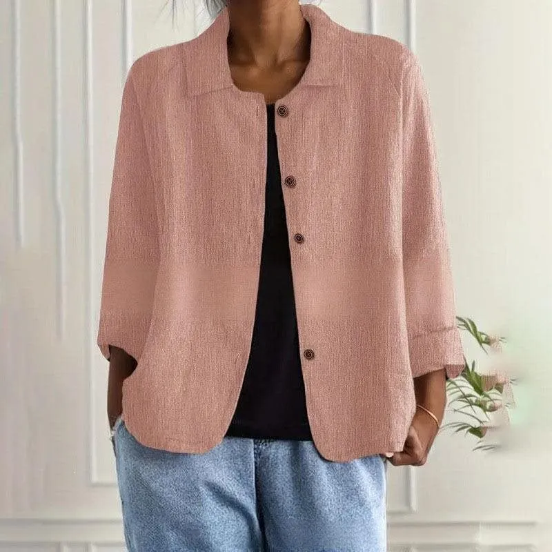 Damen Oversized Leinen-Hemdjacke mit Hemdkragen, 3/4-Ärmeln und durchgehender Knopfleiste Nord Taschen