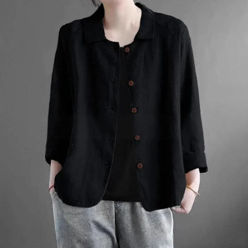 Damen Oversized Leinen-Hemdjacke mit Hemdkragen, 3/4-Ärmeln und durchgehender Knopfleiste Nord Taschen