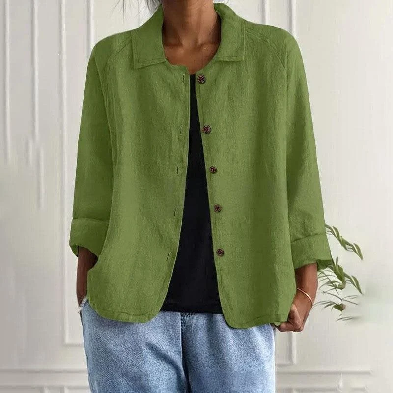 Damen Oversized Leinen-Hemdjacke mit Hemdkragen, 3/4-Ärmeln und durchgehender Knopfleiste Nord Taschen