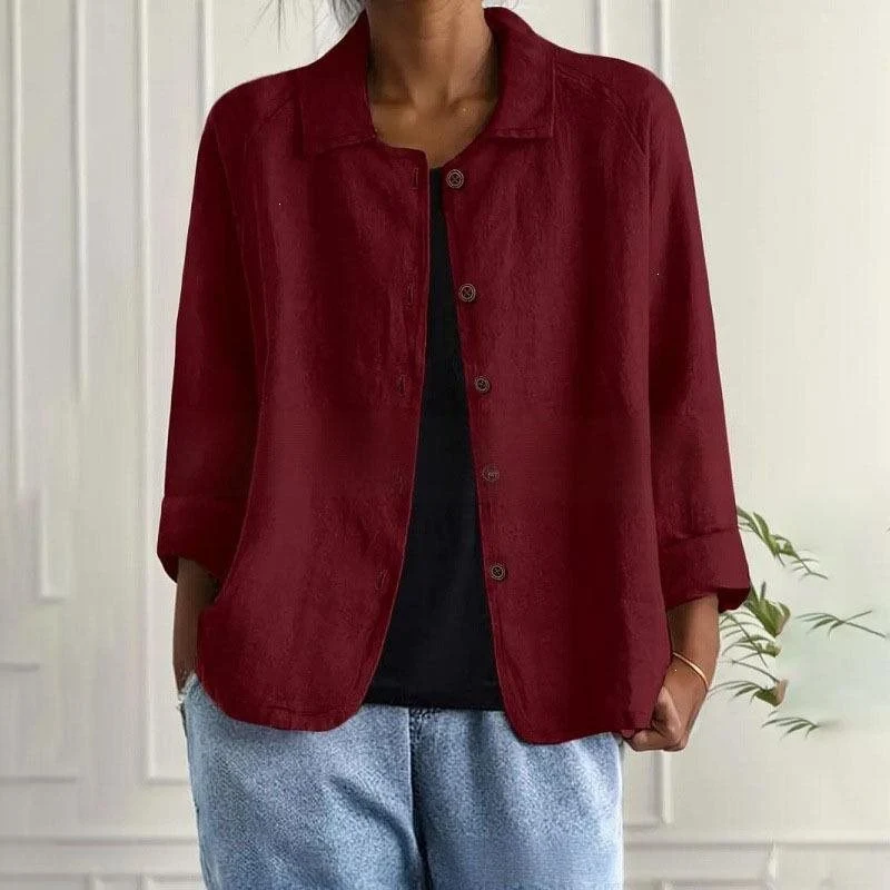 Damen Oversized Leinen-Hemdjacke mit Hemdkragen, 3/4-Ärmeln und durchgehender Knopfleiste Nord Taschen