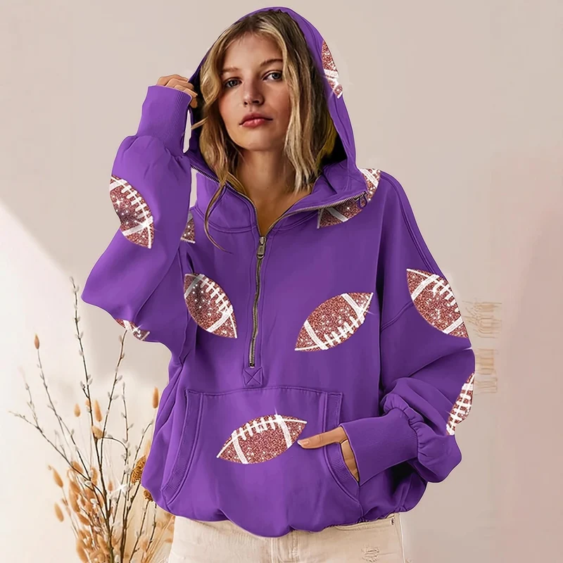 Damen Oversized Kapuzenpullover mit halbem Reißverschluss und Pailletten‑Football-Applikation Nord Taschen