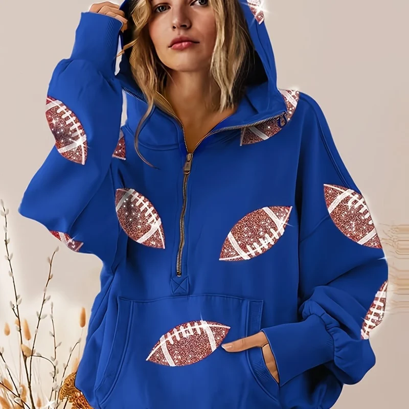 Damen Oversized Kapuzenpullover mit halbem Reißverschluss und Pailletten‑Football-Applikation Nord Taschen