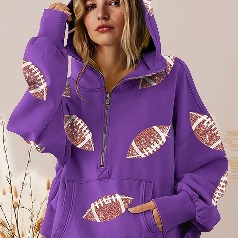 Damen Oversized Kapuzenpullover mit halbem Reißverschluss und Pailletten‑Football-Applikation Nord Taschen