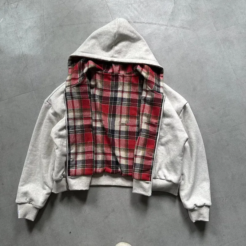 Damen Oversized Kapuzenjacke mit kariertem Innenfutter und durchgehendem Reißverschluss Nord Taschen
