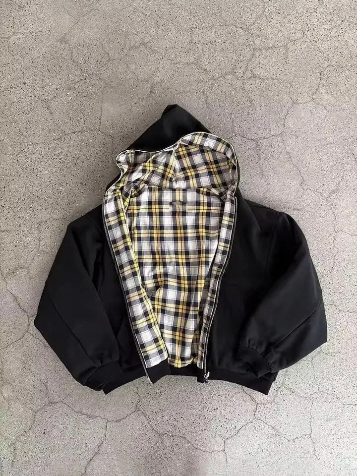 Damen Oversized Kapuzenjacke mit kariertem Innenfutter und durchgehendem Reißverschluss Nord Taschen