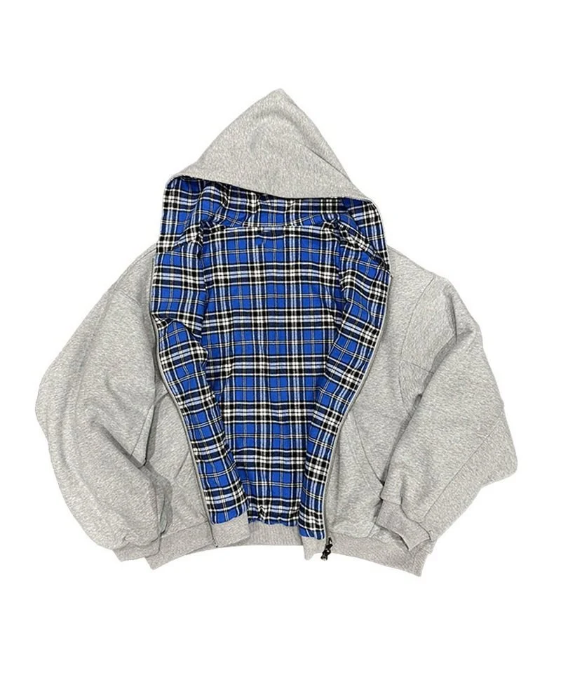 Damen Oversized Kapuzenjacke mit kariertem Innenfutter und durchgehendem Reißverschluss Nord Taschen