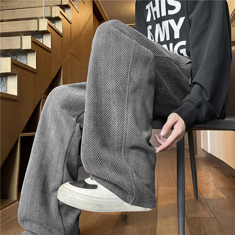 Herren Weit geschnittene Loungehose mit Fischgrätstruktur, elastischem Bund und Tunnelzug Nord Taschen