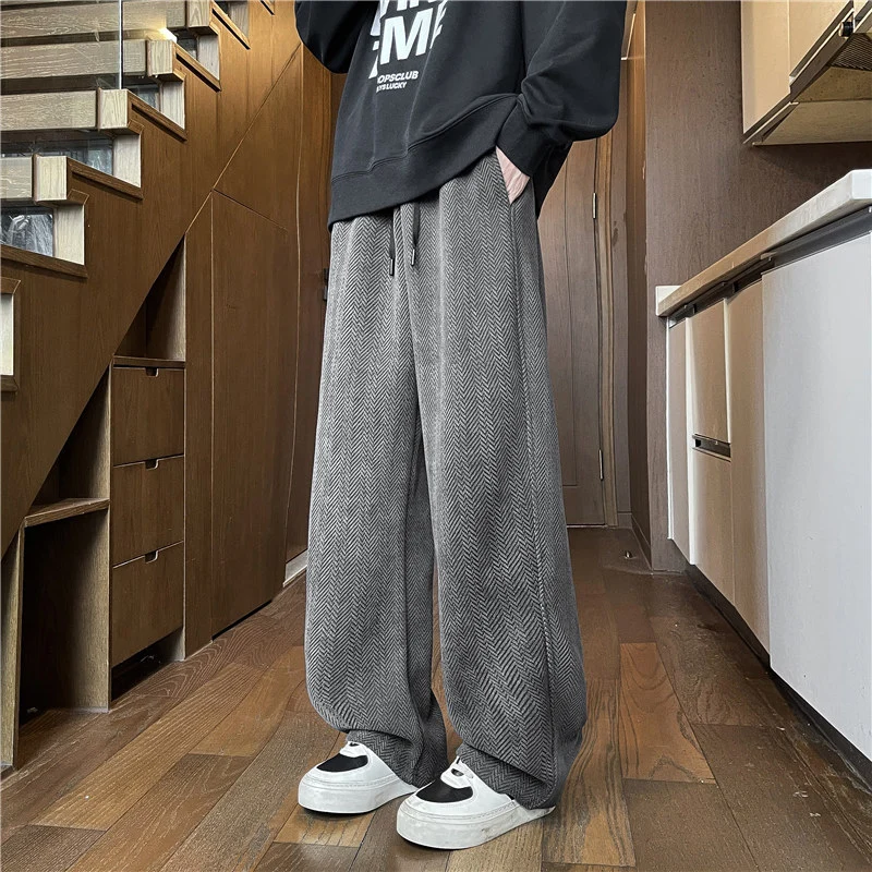 Herren Weit geschnittene Loungehose mit Fischgrätstruktur, elastischem Bund und Tunnelzug Nord Taschen
