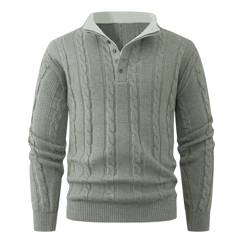 Herren Strukturierter Zopfstrick-Pullover mit Knopfleiste und Stehkragen Nord Taschen