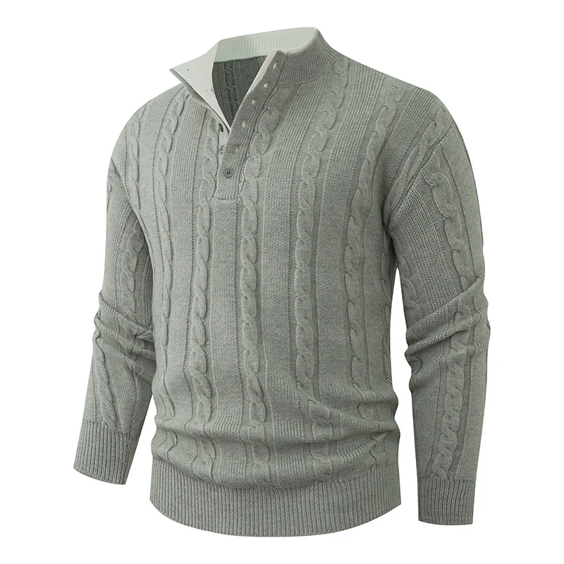 Herren Strukturierter Zopfstrick-Pullover mit Knopfleiste und Stehkragen Nord Taschen