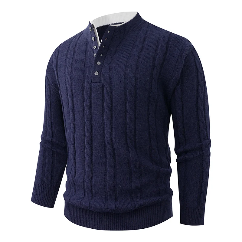 Herren Strukturierter Zopfstrick-Pullover mit Knopfleiste und Stehkragen Nord Taschen