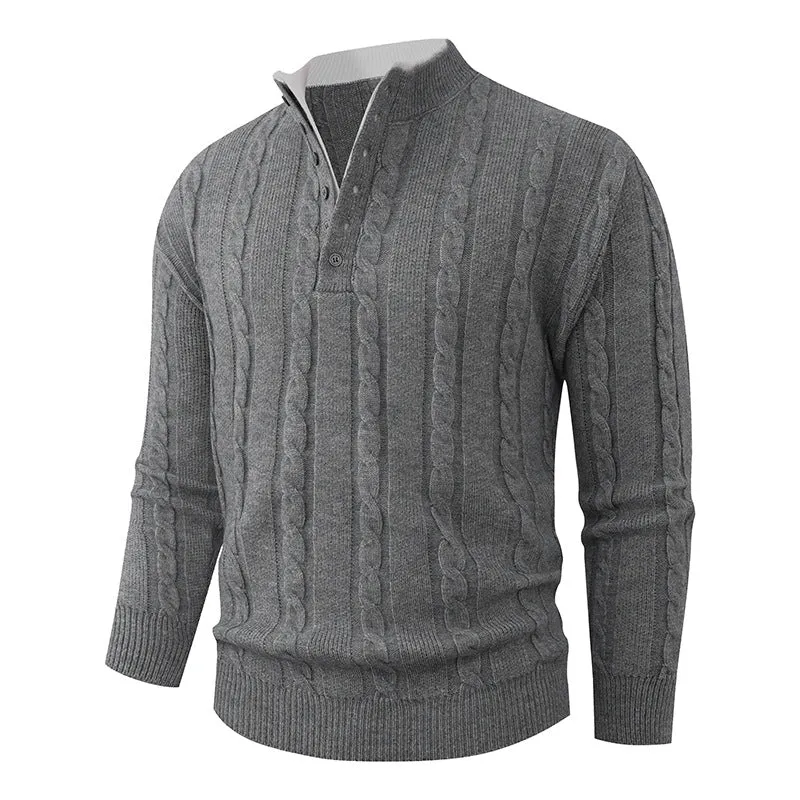 Herren Strukturierter Zopfstrick-Pullover mit Knopfleiste und Stehkragen Nord Taschen