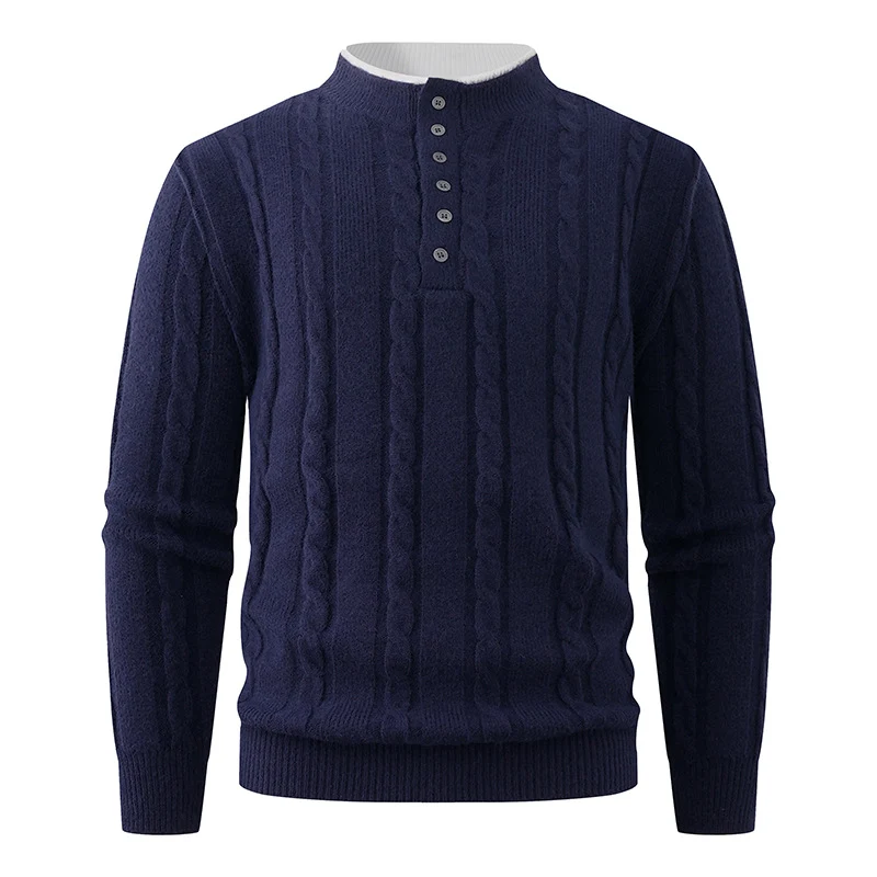 Herren Strukturierter Zopfstrick-Pullover mit Knopfleiste und Stehkragen Nord Taschen