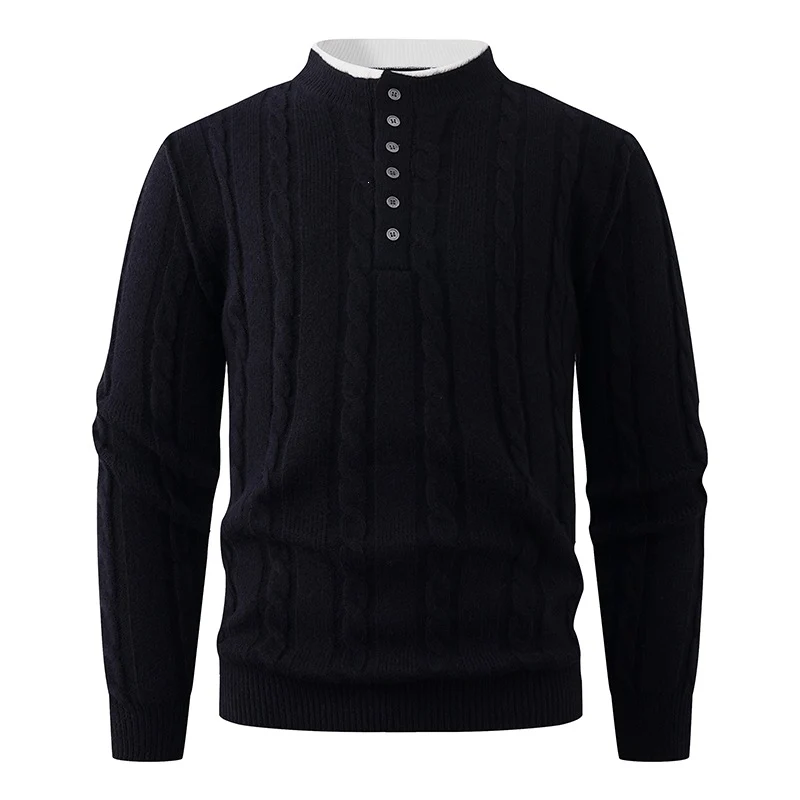 Herren Strukturierter Zopfstrick-Pullover mit Knopfleiste und Stehkragen Nord Taschen