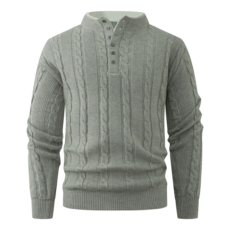 Herren Strukturierter Zopfstrick-Pullover mit Knopfleiste und Stehkragen Nord Taschen