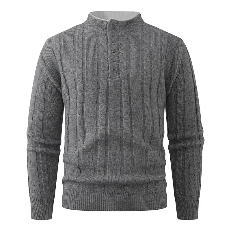 Herren Strukturierter Zopfstrick-Pullover mit Knopfleiste und Stehkragen Nord Taschen