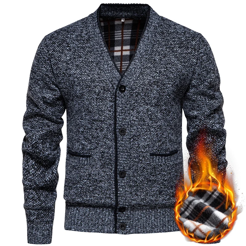Herren Strukturierter V-Ausschnitt Strickcardigan mit kontrastierter Kante und kariertem Innenbesatz Nord Taschen