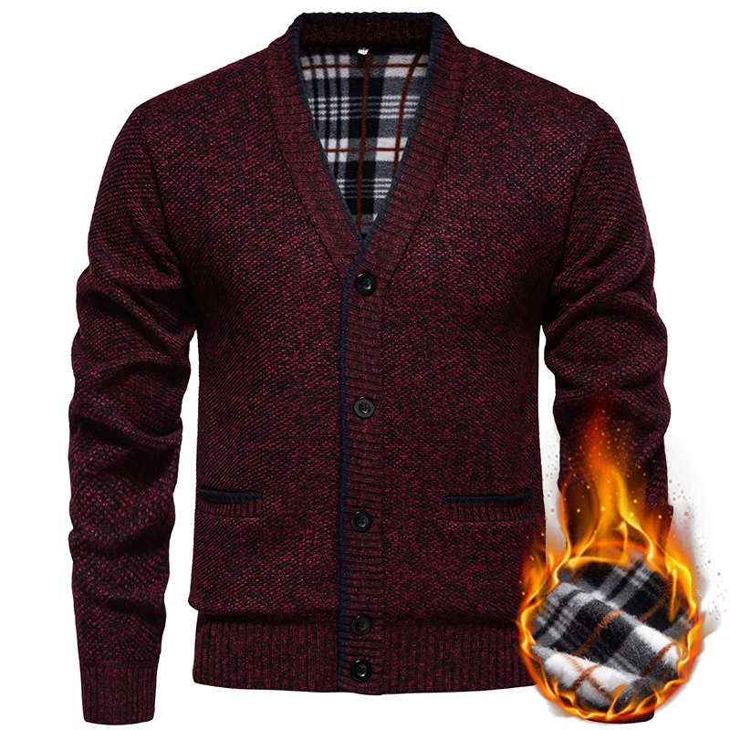 Herren Strukturierter V-Ausschnitt Strickcardigan mit kontrastierter Kante und kariertem Innenbesatz Nord Taschen