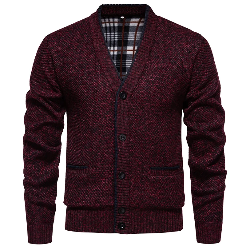 Herren Strukturierter V-Ausschnitt Strickcardigan mit kontrastierter Kante und kariertem Innenbesatz Nord Taschen