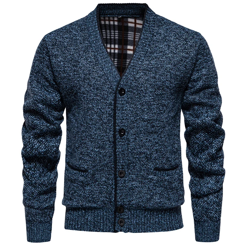 Herren Strukturierter V-Ausschnitt Strickcardigan mit kontrastierter Kante und kariertem Innenbesatz Nord Taschen