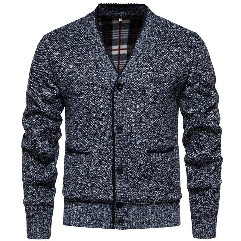 Herren Strukturierter V-Ausschnitt Strickcardigan mit kontrastierter Kante und kariertem Innenbesatz Nord Taschen