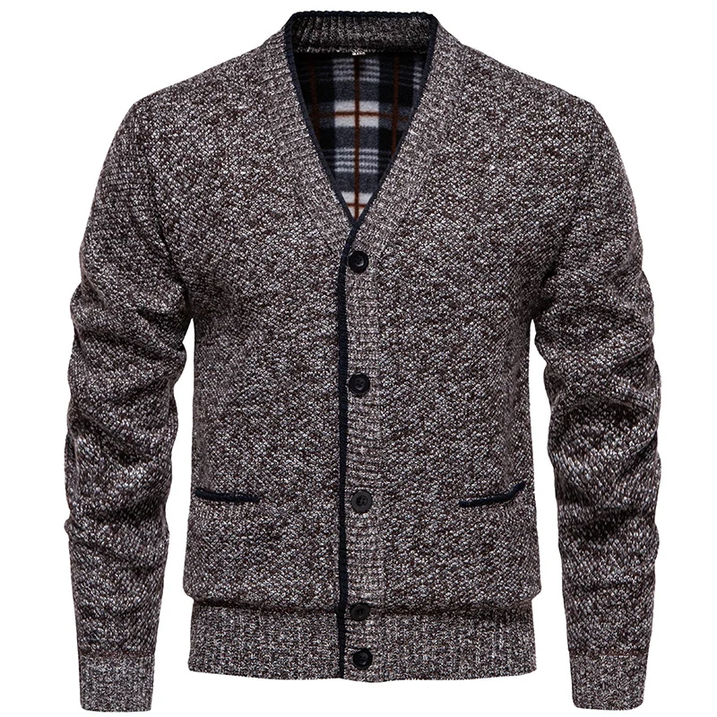 Herren Strukturierter V-Ausschnitt Strickcardigan mit kontrastierter Kante und kariertem Innenbesatz Nord Taschen