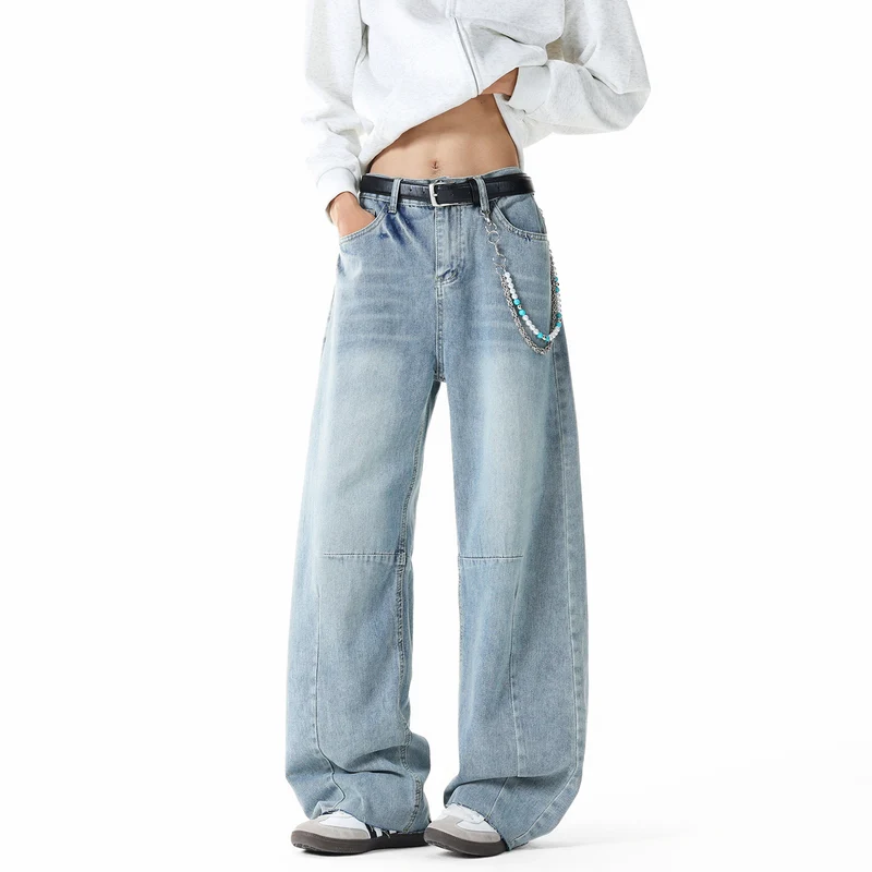 Herren Weit geschnittene Baggy-Jeans mit hoher Bundhöhe, Knie‑Abnähern und Used‑Waschung Nord Taschen