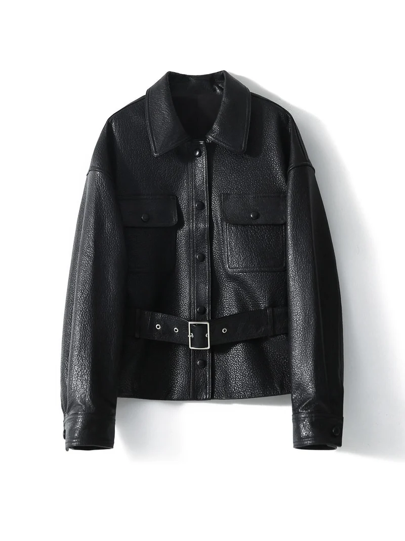 Damen Kurzjacke aus strukturiertem Leder mit Taillengürtel und Druckknöpfen Nord Taschen