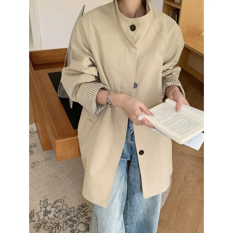 Damen Oversize-Mantel mit Stehkragen und kariertem Ärmelsaum Nord Taschen