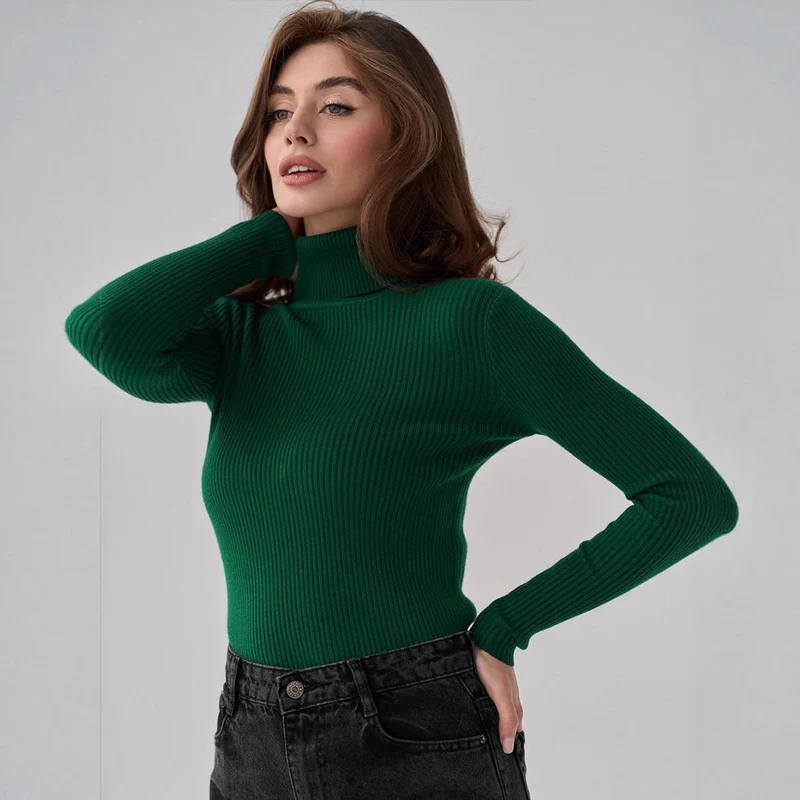 Damen Figurbetonter Rippstrick-Rollkragenpullover Nord Taschen