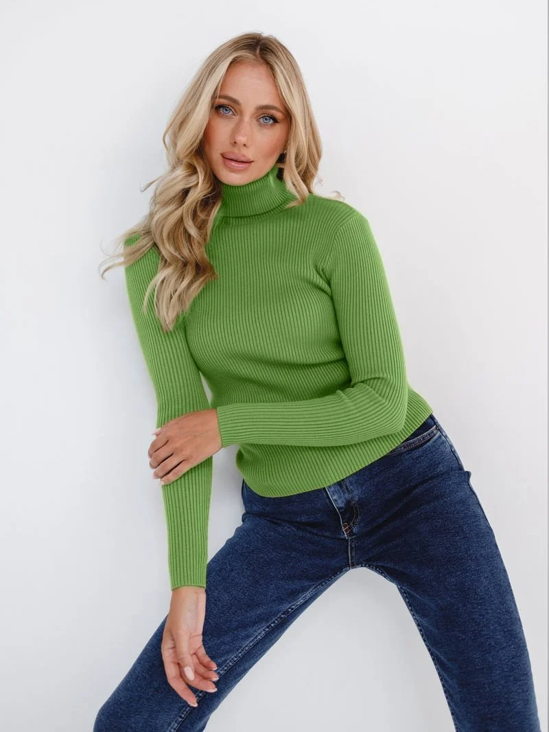 Damen Figurbetonter Rippstrick-Rollkragenpullover Nord Taschen