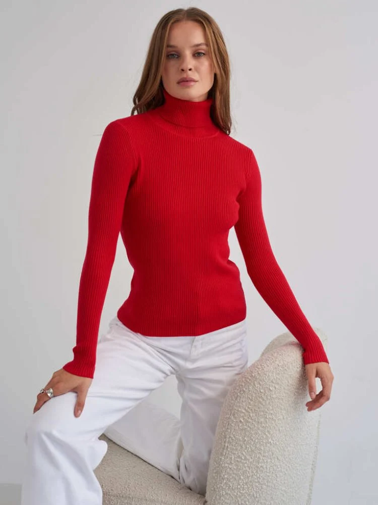 Damen Figurbetonter Rippstrick-Rollkragenpullover Nord Taschen