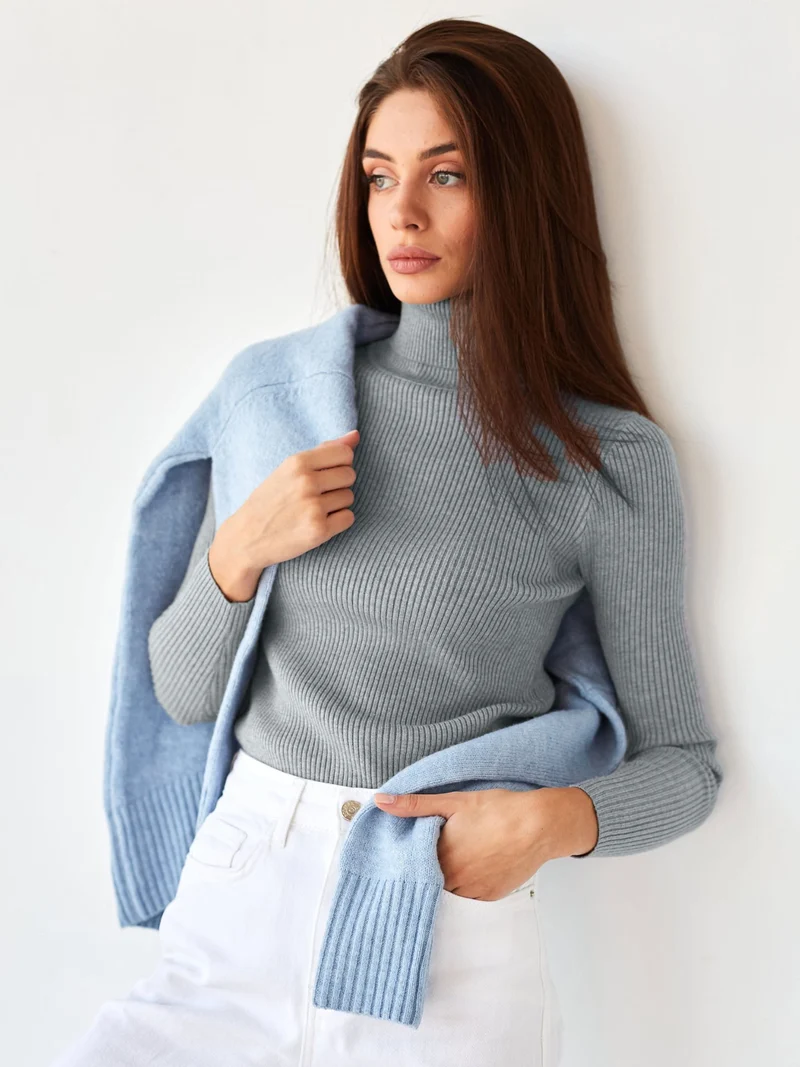 Damen Figurbetonter Rippstrick-Rollkragenpullover Nord Taschen