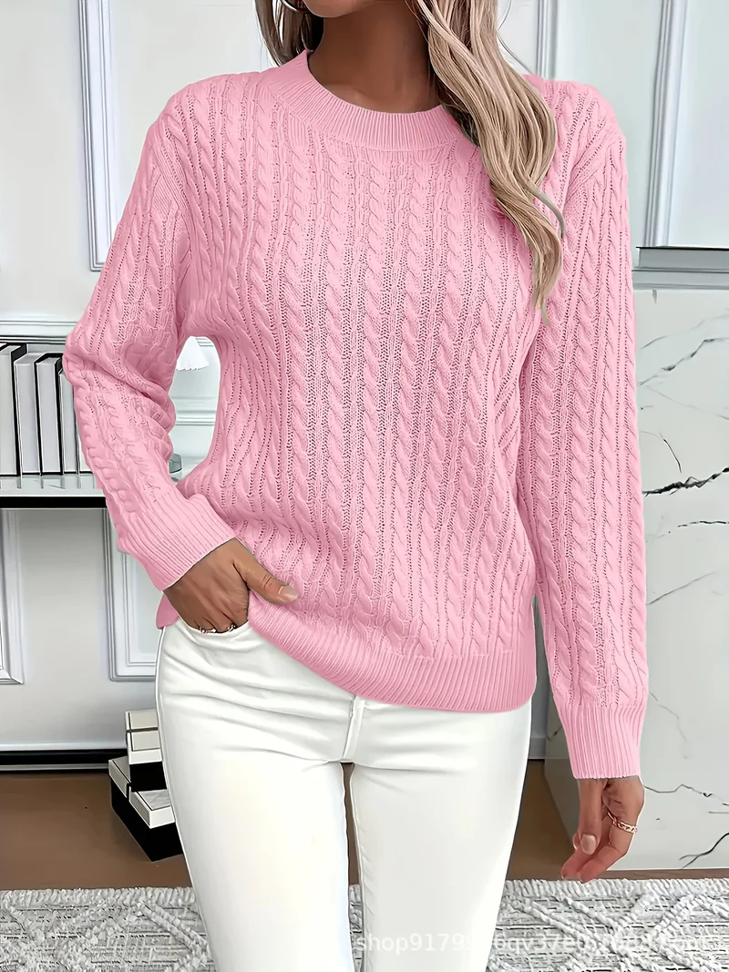 Damen Feinstrick-Pullover mit Zopfmuster und Rundhalsausschnitt Nord Taschen