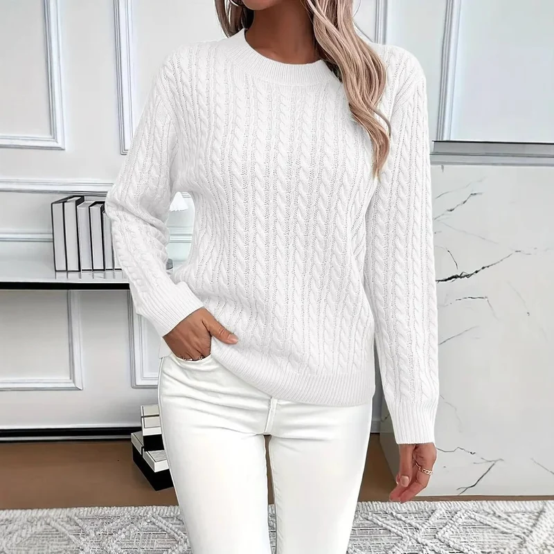 Damen Feinstrick-Pullover mit Zopfmuster und Rundhalsausschnitt Nord Taschen