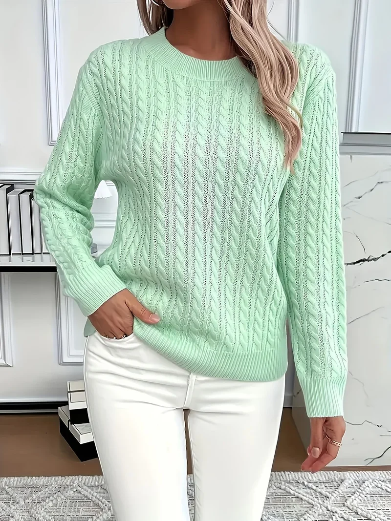 Damen Feinstrick-Pullover mit Zopfmuster und Rundhalsausschnitt Nord Taschen