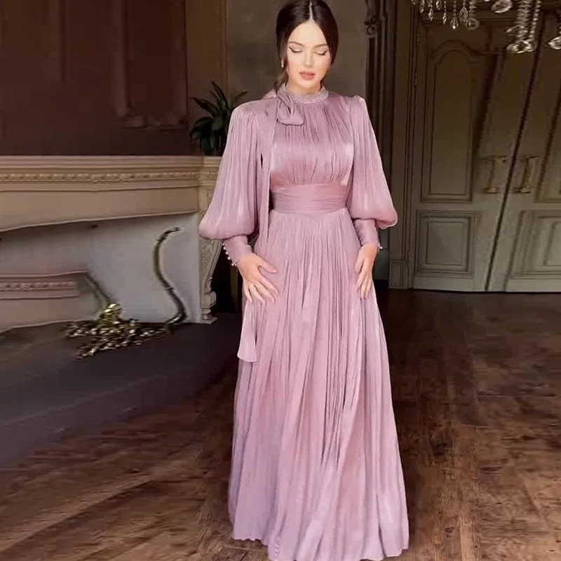 Damen Elegantes Chiffon-Maxikleid mit tailliertem Wickelbund, Stehkragen und langen Puffärmeln Nord Taschen
